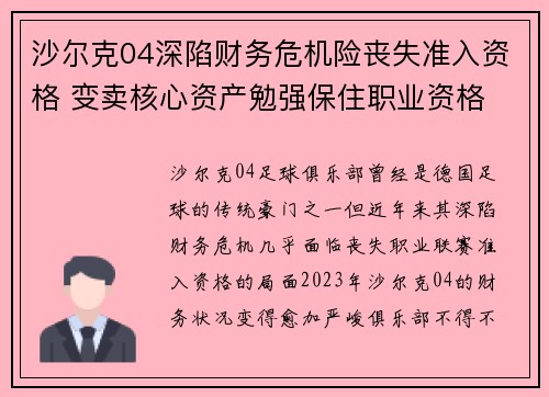 沙尔克04深陷财务危机险丧失准入资格 变卖核心资产勉强保住职业资格